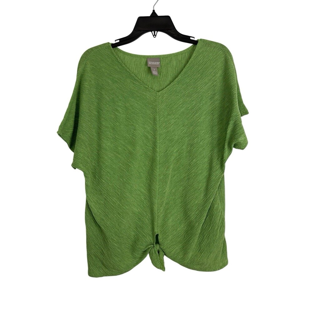 Chicos Womens Shirt Size 1=Medium V Neck Textured Crinkled Fabric Tied Front Hem